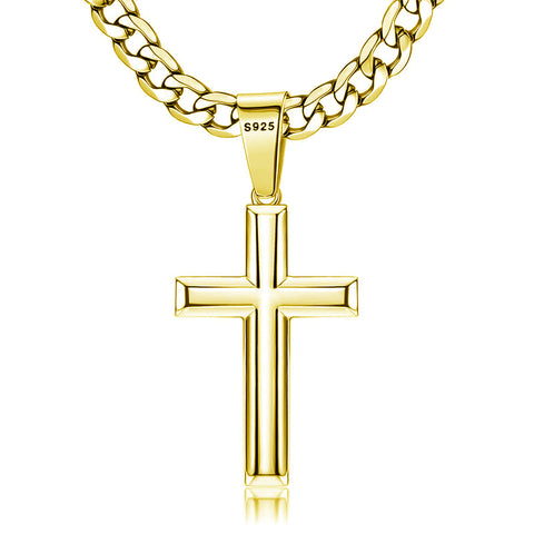 Sterling Silver Cross Pendant Necklace with 5mm Stainless Steel  Cuban Link Chain