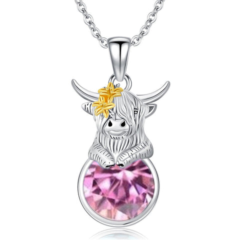 Sterling Silver 12 Months Birthstone Highland Cow Pendant Necklace