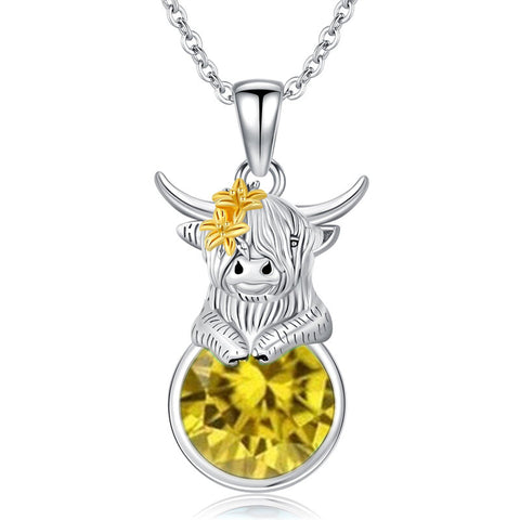 Sterling Silver 12 Months Birthstone Highland Cow Pendant Necklace