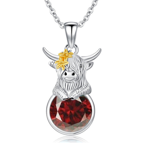 Sterling Silver 12 Months Birthstone Highland Cow Pendant Necklace