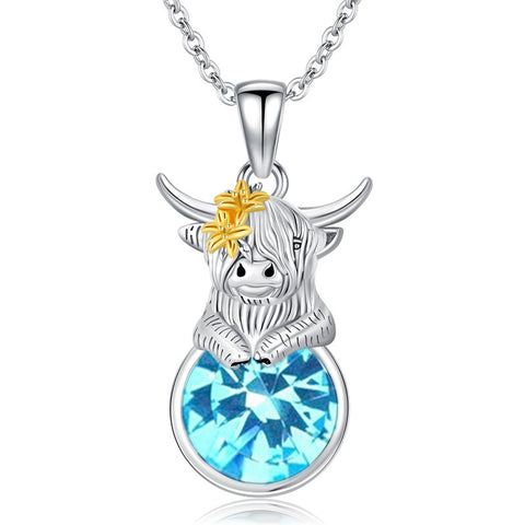 Sterling Silver 12 Months Birthstone Highland Cow Pendant Necklace