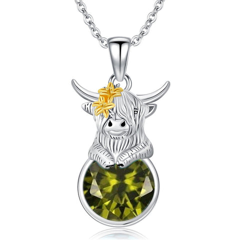 Sterling Silver 12 Months Birthstone Highland Cow Pendant Necklace