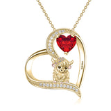 Sterling silver Heart Round Birthstone Highland Cow Pendant Necklace