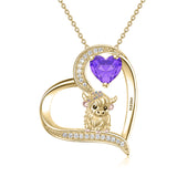 14K Gold Heart Round Birthstone Highland Cow Pendant Necklace