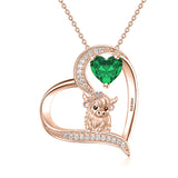 Sterling silver Heart Round Birthstone Highland Cow Pendant Necklace