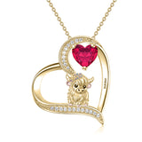 Sterling silver Heart Round Birthstone Highland Cow Pendant Necklace