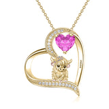 14K Gold Heart Round Birthstone Highland Cow Pendant Necklace