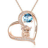 14K Gold Heart Round Birthstone Highland Cow Pendant Necklace