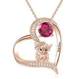 14K Gold Heart Round Birthstone Highland Cow Pendant Necklace