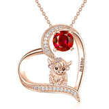 Sterling silver Heart Round Birthstone Highland Cow Pendant Necklace