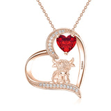 Sterling silver Heart Round Birthstone Highland Cow Pendant Necklace