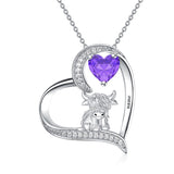 14K Gold Heart Round Birthstone Highland Cow Pendant Necklace