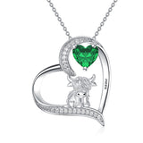 14K Gold Heart Round Birthstone Highland Cow Pendant Necklace