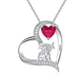 Sterling silver Heart Round Birthstone Highland Cow Pendant Necklace