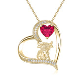 14K Gold Heart Round Birthstone Highland Cow Pendant Necklace