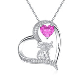 Sterling silver Heart Round Birthstone Highland Cow Pendant Necklace