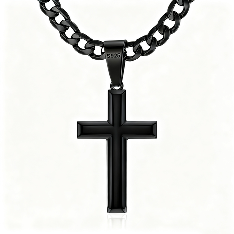 Sterling Silver Cross Pendant Necklace with 5mm Stainless Steel  Cuban Link Chain