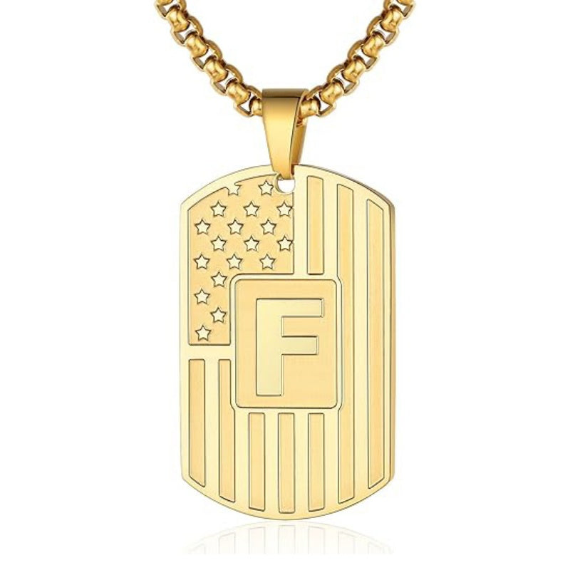 14K Gold Plated Initial A-Z American Flag Dog Tag Necklace for Men