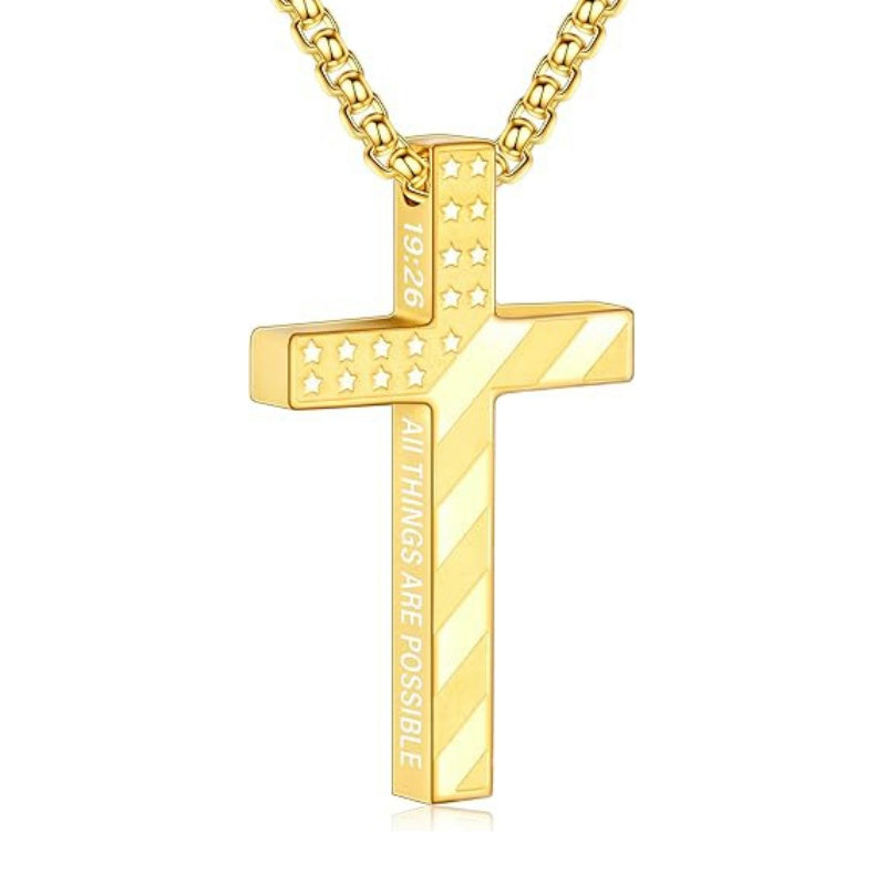 14K Gold Plated Bible Verse American Flag Cross Necklac for Men