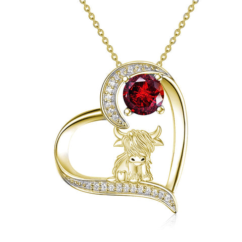 Sterling Silver 12 Months Birthstone Highland Cow Pendant Necklace