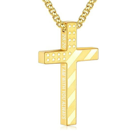 14K Gold Plated Bible Verse American Flag Cross Necklac for Men