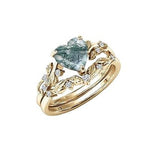 10K 14K 18K Gold Natural Moss Agate Ring Set Engagement Ring