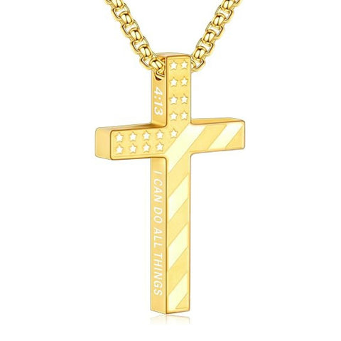 14K Gold Plated Bible Verse American Flag Cross Necklac for Men