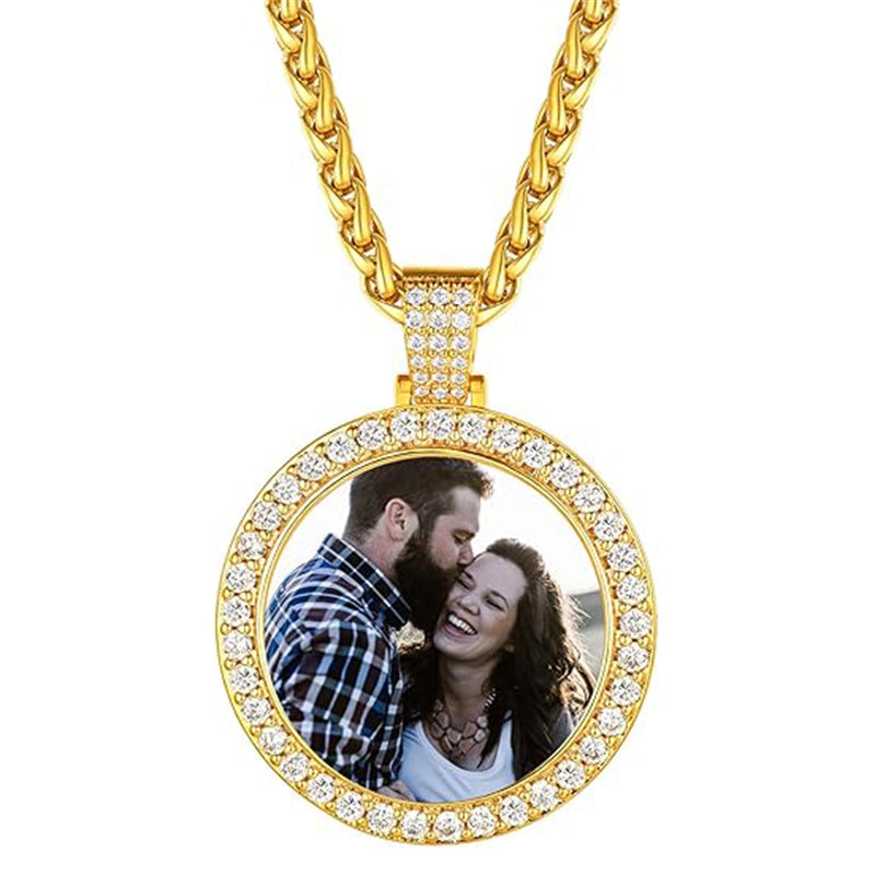 Copper  Cubic Zirconia Round Personalized Photo Engraved Pendant Necklace
