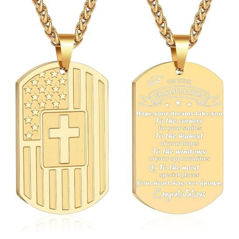 14K Gold Plated American Flag Dog Tag Cross Necklace for Men