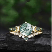 Sterling Silver 10K 14K 18K Gold 2CT Natural Moss Agate Engagement Ring Set