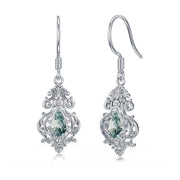 Sterling Silve Vintage Teardrop Moss Agate Filigree  Drop Earrings