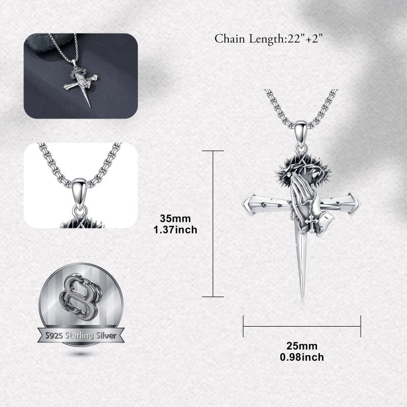Sterling Silver Praying Hands Angel Sword Wing Cross Pendant Necklace Religious Gifts for Men
