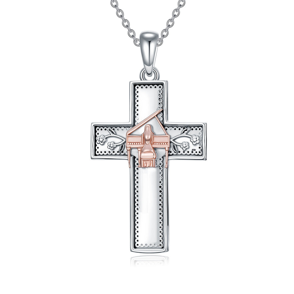Sterling Silver Cross Flute Gymnastics Violin Piano Cello Pendant Necklace Cross Jewelry Birthday Christmas Gift