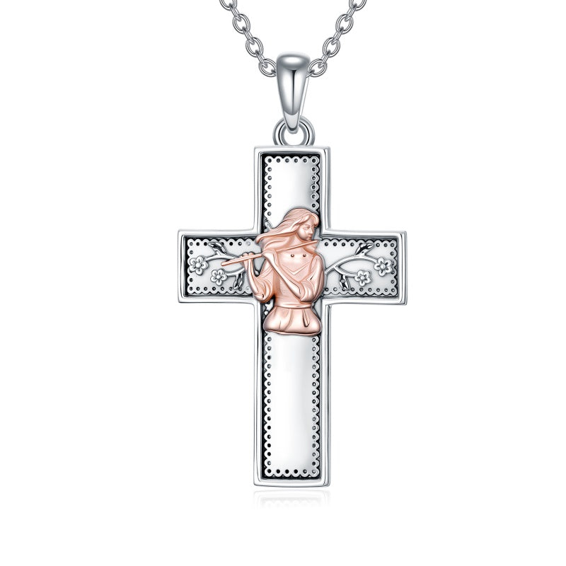 Sterling Silver Cross Flute Gymnastics Violin Piano Cello Pendant Necklace Cross Jewelry Birthday Christmas Gift