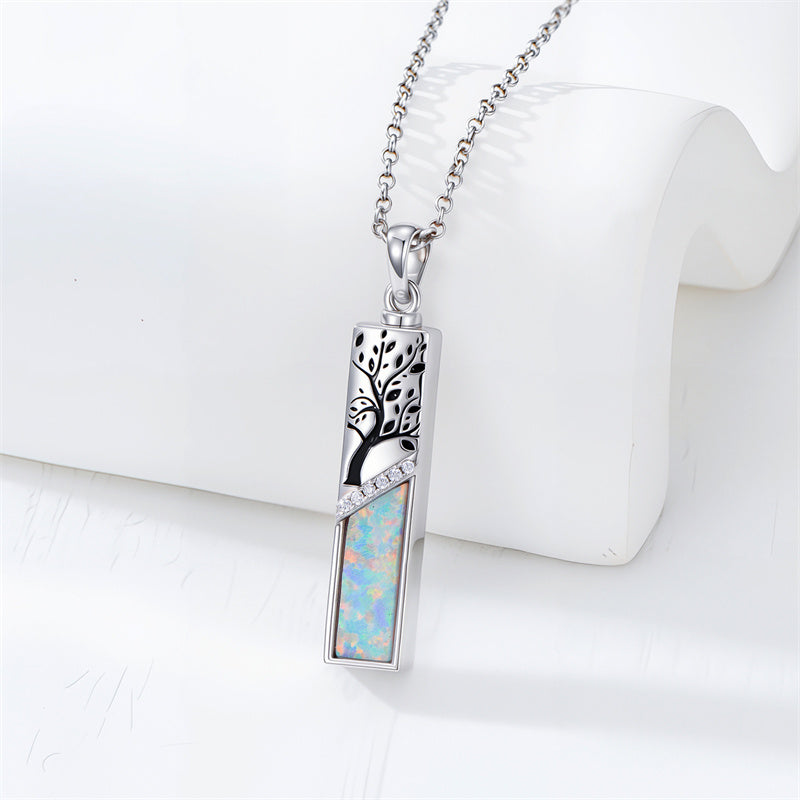 Sterling Silver  Opal Personalized Engraved Bar Pet  Butterfly Dragonfly Tree of Life  Urn Necklace for Ashes