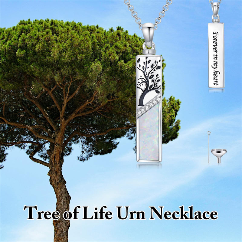 Sterling Silver  Opal Personalized Engraved Bar Pet  Butterfly Dragonfly Tree of Life  Urn Necklace for Ashes