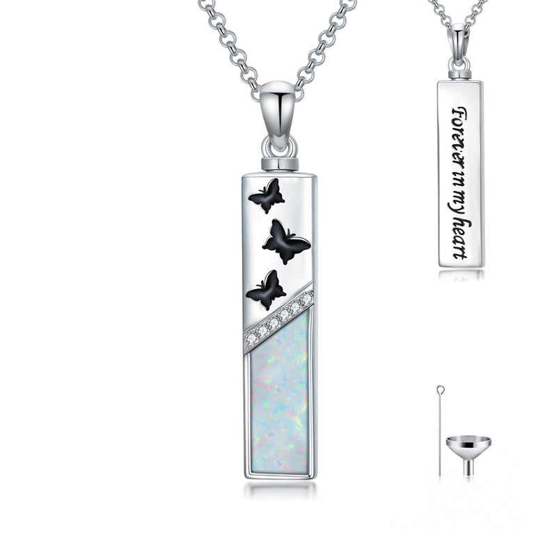 Sterling Silver  Opal Personalized Engraved Bar Pet  Butterfly Dragonfly Tree of Life  Urn Necklace for Ashes