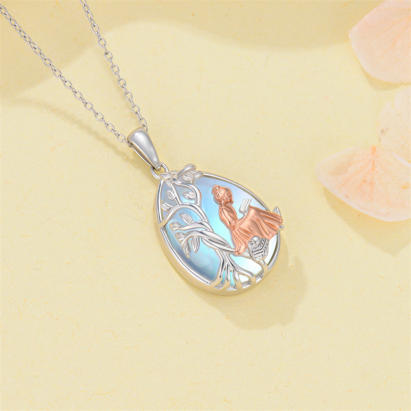 Sterling Silver Moonstone Tree of Life Art Book Pendant Necklace for Book Lover