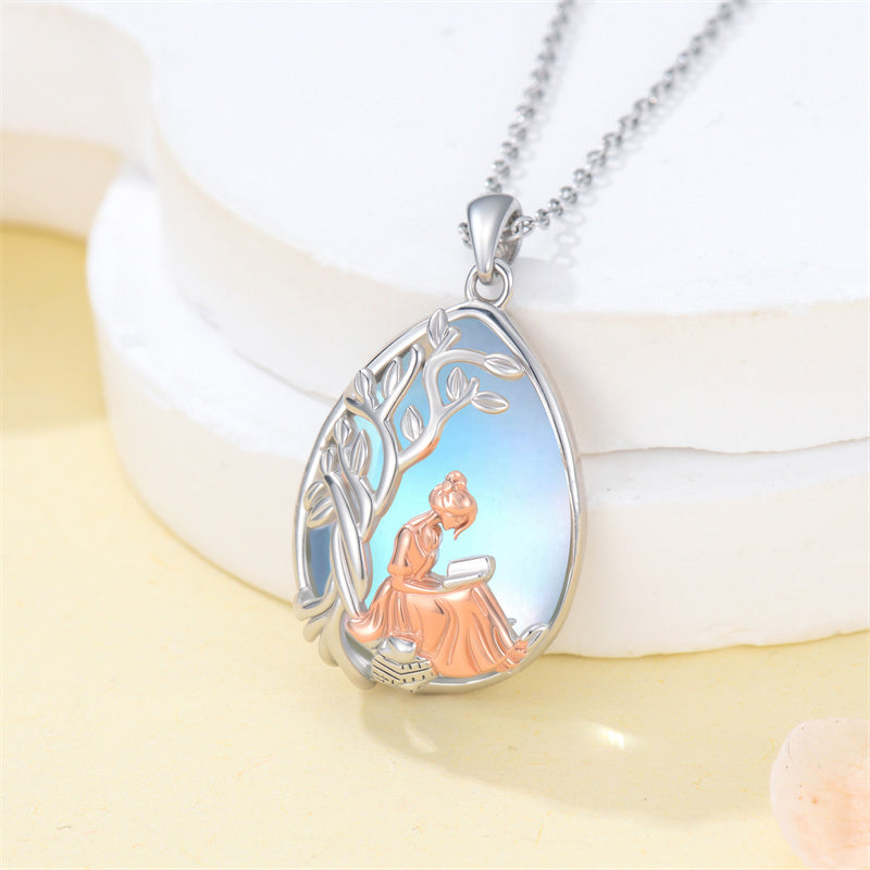 Sterling Silver Moonstone Tree of Life Art Book Pendant Necklace for Book Lover