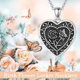 Sterling Silver Butterfly Heart Birth Flower Photo Locket Pendant Necklace for Women Birthday Christmas  Gifts