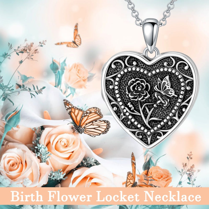 Sterling Silver Butterfly Heart Birth Flower Photo Locket Pendant Necklace for Women Birthday Christmas  Gifts