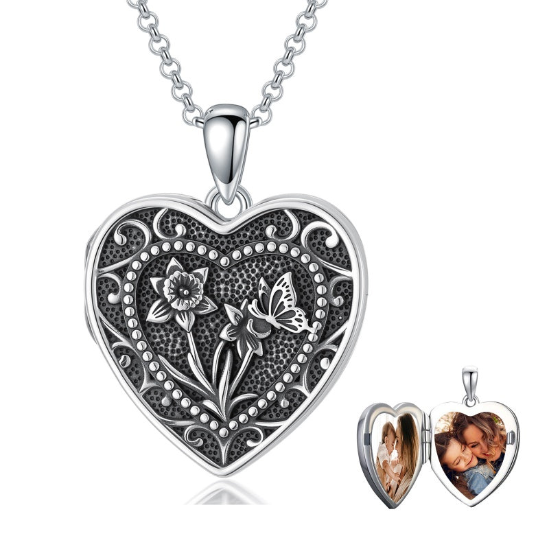 Sterling Silver Butterfly Heart Birth Flower Photo Locket Pendant Necklace for Women Birthday Christmas  Gifts