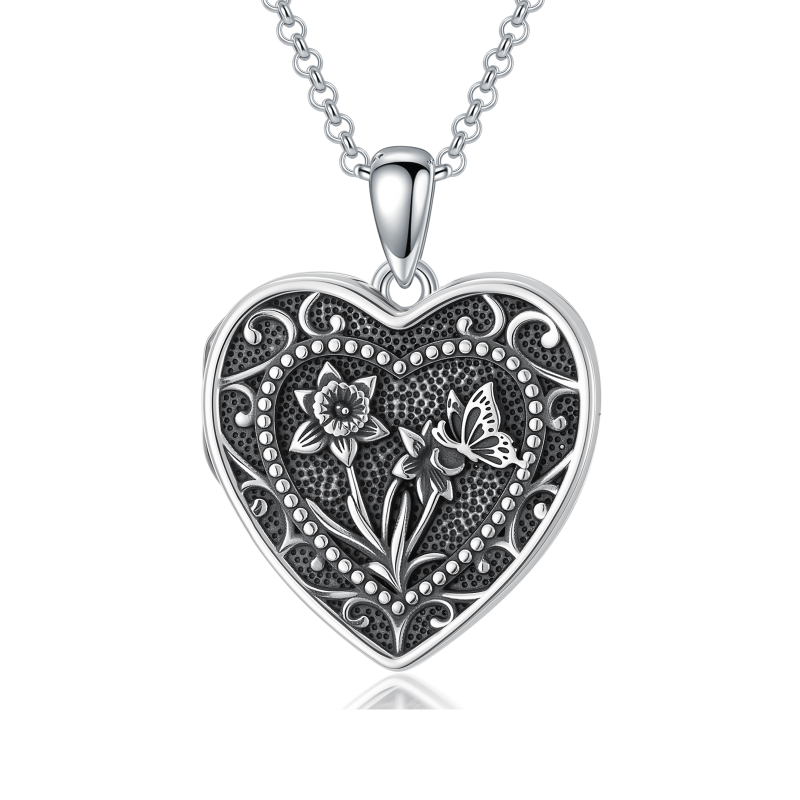 Sterling Silver Butterfly Heart Birth Flower Photo Locket Pendant Necklace for Women Birthday Christmas  Gifts