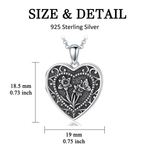 Sterling Silver Butterfly Heart Birth Flower Photo Locket Pendant Necklace for Women Birthday Christmas  Gifts
