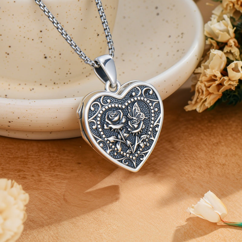 Sterling Silver Butterfly Heart Birth Flower Photo Locket Pendant Necklace for Women Birthday Christmas  Gifts