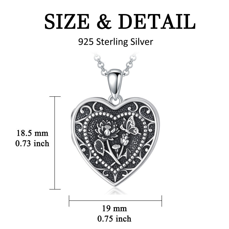 Sterling Silver Butterfly Heart Birth Flower Photo Locket Pendant Necklace for Women Birthday Christmas  Gifts