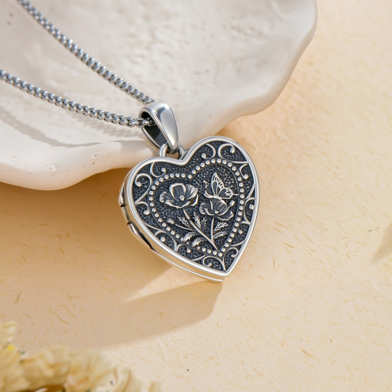 Sterling Silver Butterfly Heart Birth Flower Photo Locket Pendant Necklace for Women Birthday Christmas  Gifts