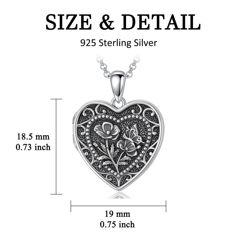 Sterling Silver Butterfly Heart Birth Flower Photo Locket Pendant Necklace for Women Birthday Christmas  Gifts