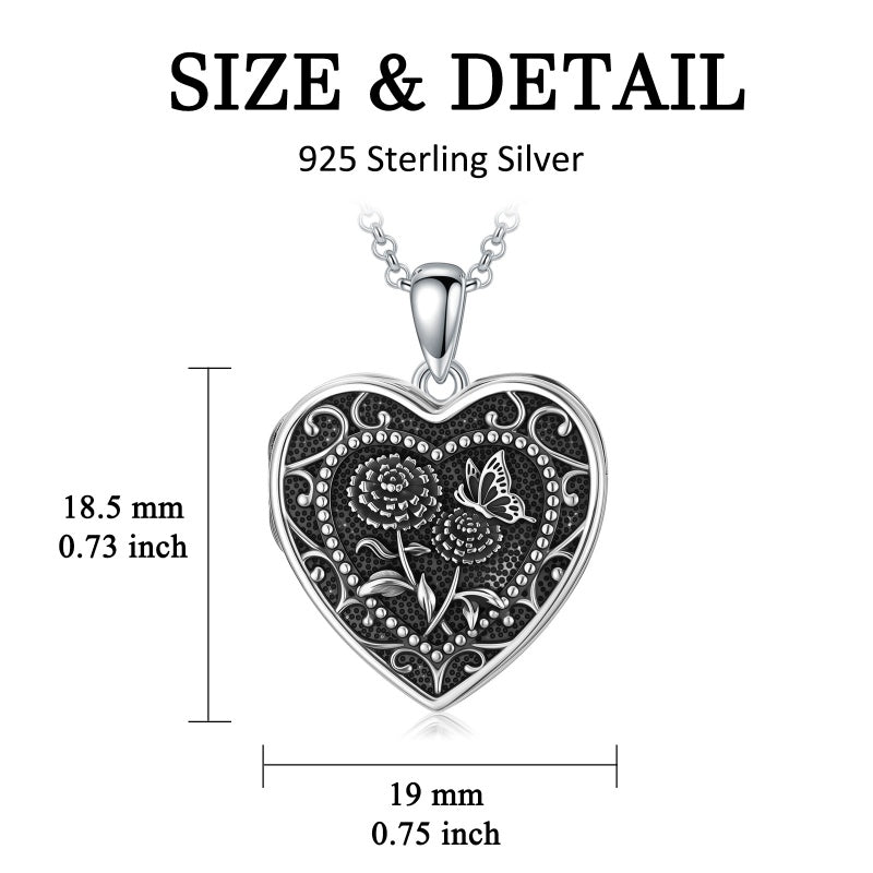 Sterling Silver Butterfly Heart Birth Flower Photo Locket Pendant Necklace for Women Birthday Christmas  Gifts