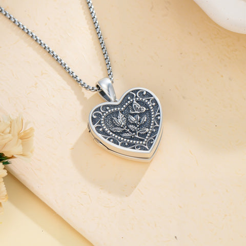 Sterling Silver Butterfly Heart Birth Flower Photo Locket Pendant Necklace for Women Birthday Christmas  Gifts